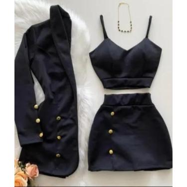 Imagem de Conjunto Feminino 3 Peças Blazer Short Saia Cropped Preto - Josy Modas