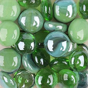 Imagem de LiFschal Mármores de vidro plano, pedras de vidro verde, contas de mármore de fundo plano, grânulos de enchimento de vaso seixos de vidro decorativos para aquário de peixes, decoração de casa, cerca
