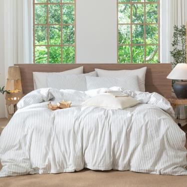 Imagem de MooMee Conjunto de capa de edredom listrado 100% algodão lavado como linho texturizado respirável durável macio confortável (listras largas verdes mescladas brancas, super king 274 x 248 cm)