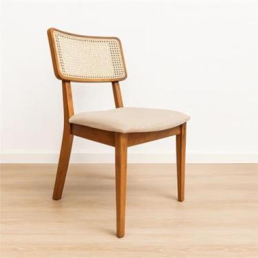 Imagem de Cadeira de Jantar Madeira Maciça Estofada em Linho Bege Claro Encosto Rattan - Lilia