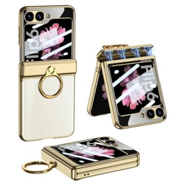 Imagem de Capa com dobradiça transparente leve e anelar para Samsung Galaxy Z Flip 6 ZFlip6 Flip5 Protetor de tela integrado com eixo giratório, champanhe, dourado, para SM Galaxy Z Flip 6