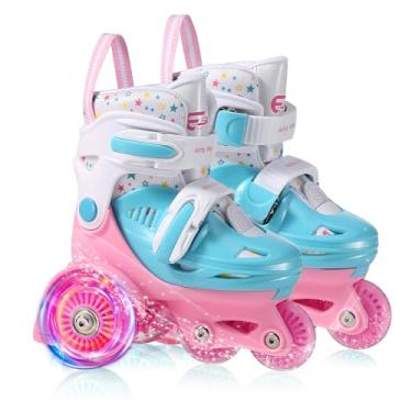 Imagem de Patins para crianças, 4 tamanhos ajustáveis, rodas iluminadas, equilíbrio de três pontos de segurança, patins para iniciantes para idades de 3 a 8 anos, meninas, meninos, crianças, adequado para uso