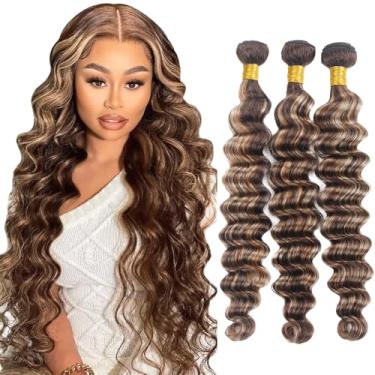 Imagem de Pacote Highlight P4613 Cabelo Humano Ondulado Profundo Dois Tons Cor 4 Marrom Misturado com 613 Pacote Loiro Encaracolado Profundo 3 Pacotes 76 81 cm Ombre Hair Weave