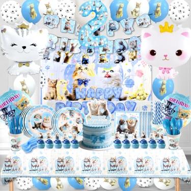 Imagem de 142 peças de decorações de aniversário de gato, suprimentos de festa de 2º aniversário de gato, decorações de festa de aniversário de gato, incluindo pratos, copos, guardanapos, toalha de mesa, balões