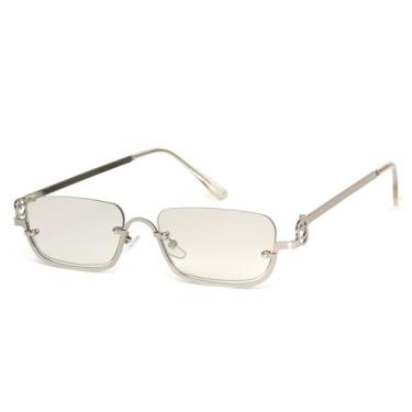 Imagem de KENBO Óculos de sol retrô Y2k para mulheres, óculos de sol 2025 modernos estreitos dourados semi-aros, óculos de sol dos anos 90, Armação retangular prateada - lente transparente