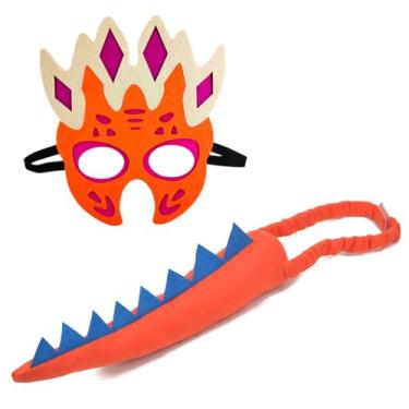 Imagem de COJOUCCI Máscara de dinossauro e cauda de dinossauro para cosplay, fantasia de dinossauro de Halloween, fantasia de dragão e cauda para festa de aniversário