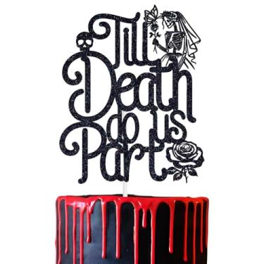 Imagem de Til Death Do Us Part Cake Topper, Black Floral Wedding Bridal Shower Halloween Love Skull Bride to Be Engement Anniversary Party Decoraion Supplies