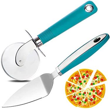 Imagem de Webake Conjunto para servir torta de pizza com roda, cortador de pizza grande de aço inoxidável cortador de bolo de torta com cabo verde antiderrapante, ideal para bolos, pizza, tortas de massa