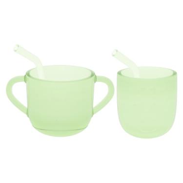 Imagem de VRCIT Conjunto de copos de treinamento de silicone à prova de vazamento (pacote com 2) - Copos de transição com canudo sem BPA para bebês de 6 a 12 meses, não tóxico e de grau alimentício (verde)