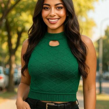 Imagem de Cropped Tricot Modal Losango Vazado - Vitrine Collection, Verde milita