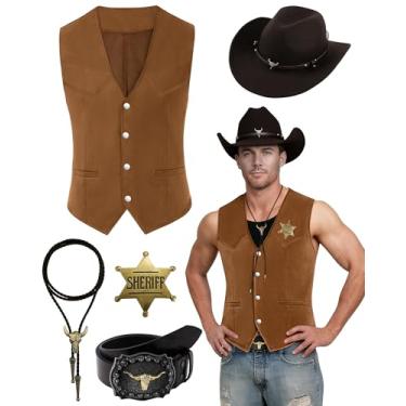 Imagem de WooHand 5 peças de roupas ocidentais para homens colete de couro de camurça cowboy chapéu gravata fivela cinto distintivo de xerife para fantasia de Halloween