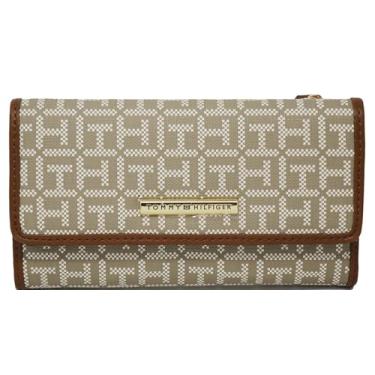 Imagem de Tommy Hilfiger Bolsa clutch feminina marrom cáqui com logotipo de lona revestida vermelha, Marrom, One Size, Carteira com talão de cheques