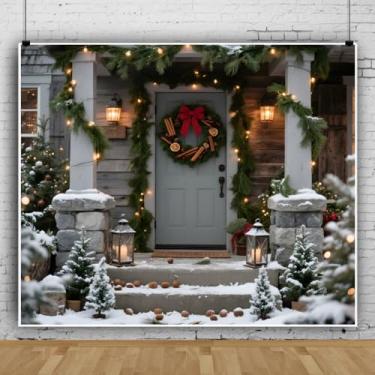 Imagem de Pano de fundo de Natal, 3,7 x 3 m, portas azuis, colunas de pedra, pinheiros, cenários de Natal para fotografia, Natal, Natal, Natal, Natal, Ano Novo, Retrato de família, sessão de fotos