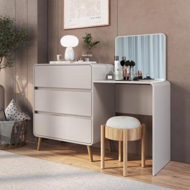 Imagem de Cômoda Penteadeira Multifuncional Com Espelho E 3 Gavetas Grande Para Quarto Estilo Retrô Bege Dunas