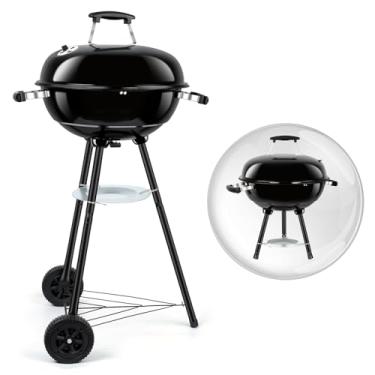Imagem de Churrasqueira Leonyo a carvão de 45,7 cm, churrasqueira portátil, defumador redondo com rodas e tampa esmaltada de porcelana para cozinhar ao ar livre, acampamento, quintal e praia, preto
