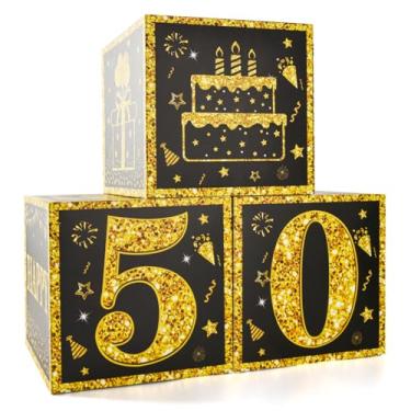 Imagem de 3 caixas de decoração de festa de 50 anos para homens ou meninos - caixas de balões de feliz aniversário de 50 anos de ouro preto, suprimentos de festa de 16 anos para homens e meninos