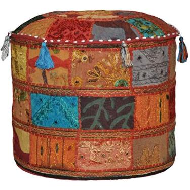 Imagem de The Harry Creations Capa de pufe decorativa de patchwork confortável indiano otomano étnico algodão almofada de feijão bordado no chão (alteração, 45,7 cm x 33 cm)