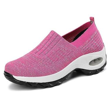 Imagem de Optigard Tênis feminino de malha sem cadarço com suporte de arco e amortecimento de ar, sapatos atléticos, casuais, confortáveis, para trabalho, enfermagem, plataforma, mocassim, rosa, 40