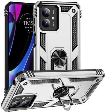 Imagem de SORAKA Capa para Motorola Moto G14 com suporte de anel capa armadura Motorola Moto G14 capa traseira de policarbonato rígido com placa de metal para celular magnético suporte de carro prata