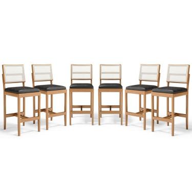 Imagem de Kit Com 6 Banquetas Milena Madeira Maciça Assento Estofado Encosto De Tela Sintética Courino Preto 503