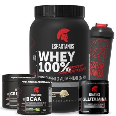 Imagem de Kit Whey Protein Concentrado 100% Baunilha 900g + Creatina + Glutamina + BCAA em Pó Limão 100g + Coqueteleira 600ml - Espartanos