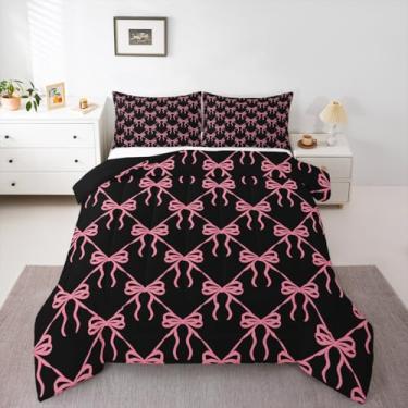 Imagem de meiyoeat Conjunto de edredom com laço preto e rosa, tamanho casal, para crianças, meninos, meninas, com laços e listras, edredom kawaii, decoração de quarto de microfibra, 3 peças com 2 fronhas