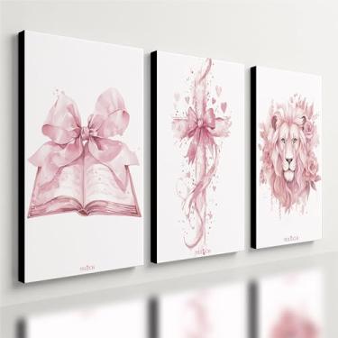 Imagem de Kit 3 Quadro Decorativo Cristã Menina Rosa Gospel Cruz (40x28cm)