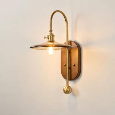 Imagem de Luminária de parede retrô de madeira, acabamento moderno em latão antigo, luminária de parede com cúpula de vidro soprado à mão, luminária de parede nórdica de madeira maciça Wabi Sabi para