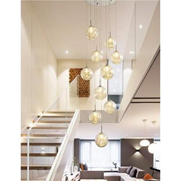 Imagem de Luminárias pendentes modernas de vidro com design vazado no meio do piso giratório, lustre longo com escada duplex e 10 bolas de vidro, ideal para sala de estar de 40 x 200 cm