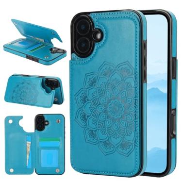 Imagem de Capa carteira para iPhone 17, anti-impressão digital com couro sintético durável e TPU, padrão mandala em relevo, à prova de choque, 3 compartimentos para cartão e suporte (azul)