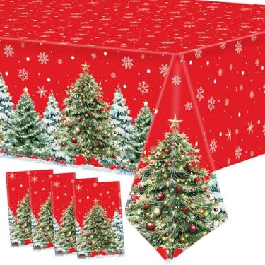 Imagem de Pacote com 4 toalhas de mesa de plástico de Natal, 137 x 274 cm, flocos de neve de árvore de Natal, descartáveis, toalha de mesa vermelha, retangular, decorações para casa, artigos de festa de Natal
