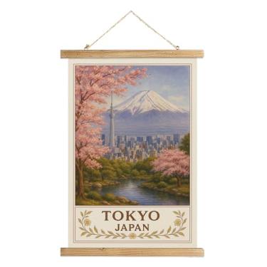 Imagem de Pôster de arte de parede de Tóquio Japão, impressão vintage de viagem com Monte Fuji, flores de cerejeira e árvore do céu de Tóquio, pergaminho para pendurar em tela de linho com moldura de madeira