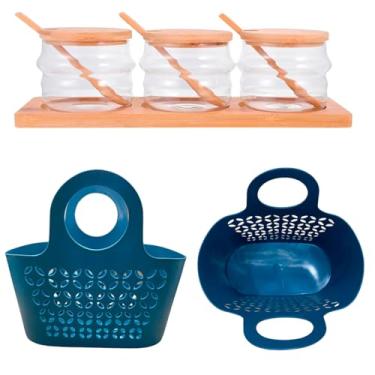 Imagem de Kit 3 Porta tempero e Colher de Madeira e Sacola Ecológica (azul)