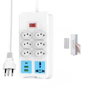 Imagem de Filtro de Linha, Extensão Tomada, Régua Tomada, 6 Tomadas, 2 Interfaces USB, 1 Porta USB Tipo-C, 1 tomada Universal, Cabo de Alimentação de 2 metros - Branco