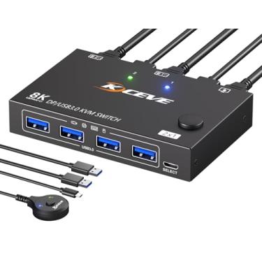 Imagem de Display Port KVM Switch 1 Monitor 2 Computadores 8K@30Hz 4K@144Hz, USB3.0 DP KVM Switch para 2 PC Compartilhando um Monitor único e Impressora do Rato do Teclado,Fios Remotos e 2 Cabos USB Incluídos