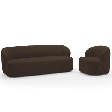 Imagem de Sofá 3 Lugares 205cm Com Poltrona Giratória Orgânica Heidy F04 Veludo Marrom - Lyam Decor