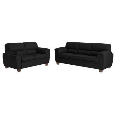 Imagem de Conjunto de Sofás 2 e 3 Lugares Sala de Estar Pés em Madeira Nauru Couro Preto - Gran Belo