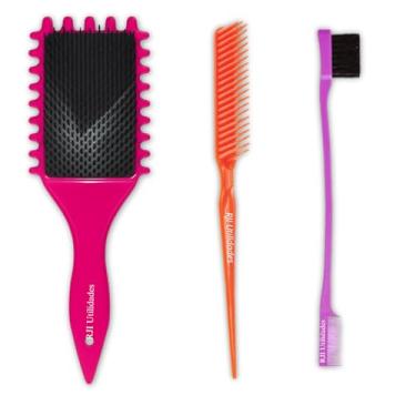 Imagem de Kit Escova Cabelo Raquete Fitagem com Fendas Laterais + Pente 3 Fileiras Cerdas Firmes + Baby Hair 2 em 1 Escovinha Pentinho – Para Cachos, Transição e Finalização - RJI Utilidades