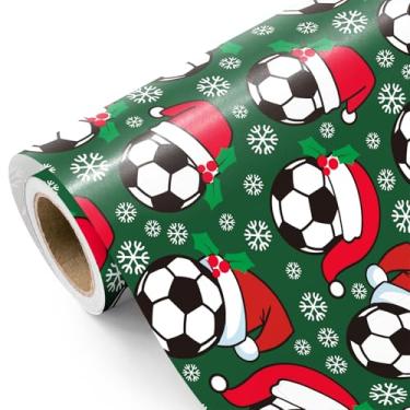 Imagem de WRAPAHOLIC Papel de embrulho de futebol de Natal - Mini rolo - 43 cm x 40 cm - flocos de neve e chapéu de Papai Noel papel de embrulho de futebol para Natal, festa esportiva, feriado, festa