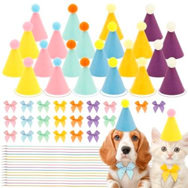 Imagem de 48 peças mini chapéus de festa para animais de pelúcia chapéu cone multicolorido com laços e cordas elásticas para cães e gatos acessórios de animais variados (48 peças)