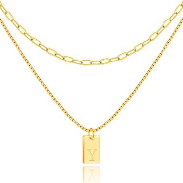 Imagem de Poxtex Colar de ouro com inicial para mulheres, ouro real 14 quilates com nome delicado colar personalizado e clipe de papel, colar com pingente de letra quadrada em camadas na moda 26 maiúsculas A a Z, joias de ouro presentes para mulheres e meninas, Ouro, Sem Pedra Preciosa