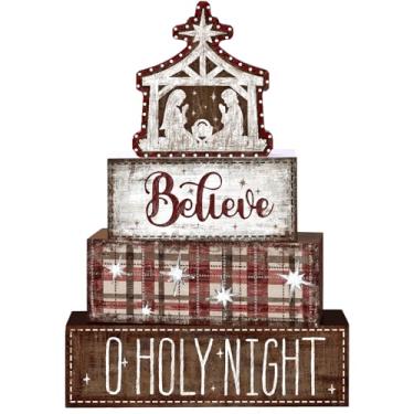 Imagem de DIYDEC 4 peças de decoração de mesa de Natal Jesus placa de bloco de madeira bandeja de Natal em camadas decoração de mesa central de inverno placa decorativa para Natal, férias, mesa, café, lareira