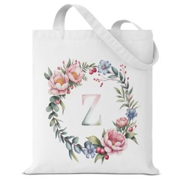 Imagem de Sacola de lona inicial Z para mulheres, meninas, presentes com monograma, floral, letra Z, personalizada, reutilizável, mercearia, bolsa de ombro para compras, viagens, praia, trabalho, bolsas