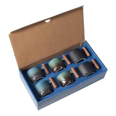 Imagem de BlogBlog Copos de café expresso de cerâmica com cabo de madeira, xícaras de café expresso, xícaras de chá de cerâmica, xícaras de porcelana para café ou chá, 60 ml (preto-azul-verde, 6)