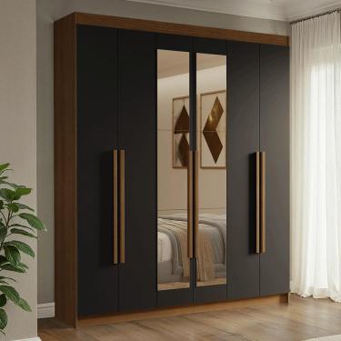 Imagem de Guarda-Roupa Casal 6 Portas Batentes com Espelho Rustic/Preto/Rustic Venus Madesa