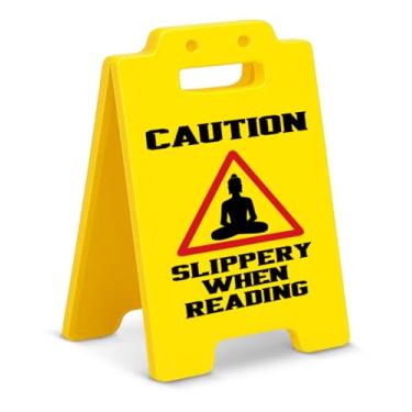 Imagem de Placa de leitura engraçada decoração Bookish Gifts Caution Slippery While Reading Desk Sign Home Office Bookshelf Gifts for Reader Bookworm Book Lover