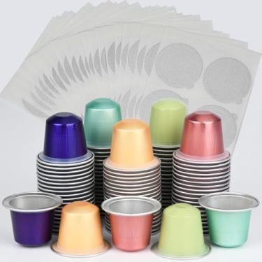 Imagem de 100 cápsulas de alumínio vazias descartáveis preenchíveis para cápsulas de café compatíveis com a máquina de linha original Nespresso, faça seus próprios filtros de xícaras de café expresso com tampas