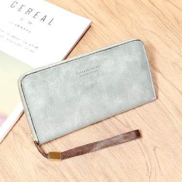 Imagem de Carteira feminina de couro com zíper ao redor do telefone clutch grande capacidade feminina bolsa de viagem bolsa de pulso, Azul escuro, Bolsa casual para moedas