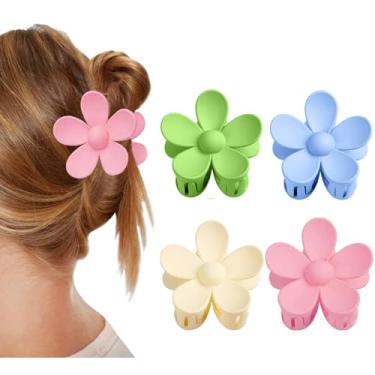 Imagem de Pacote com 4 clipes de garra de flores para mulheres, grampos de cabelo antiderrapantes para cabelos grossos, presente perfeito para mulheres (rosa, branco, azul, verde)