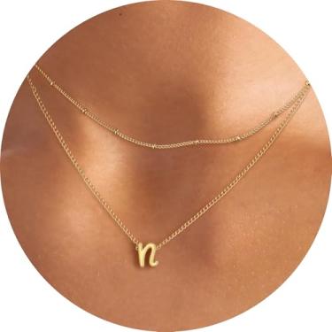 Imagem de Colar feminino com inicial em camadas, pingente de letra A-Z, gargantilha de corrente dupla, joias delicadas em camadas, estilo minimalista, 14+2in/16+2in, Aço inoxidável, Sem Pedra Preciosa
